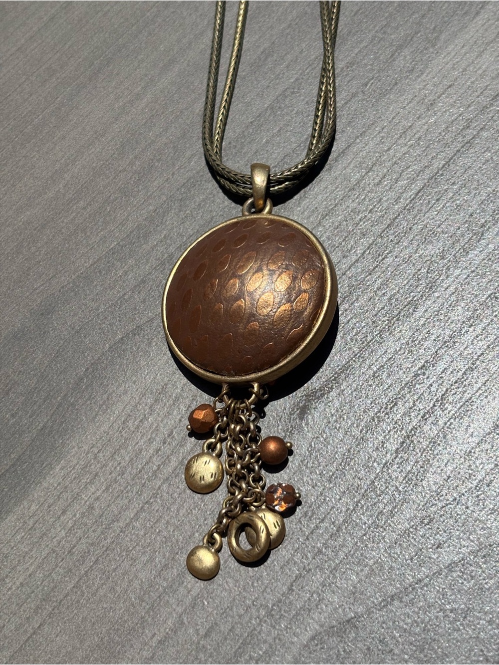 Chico's Brown Bronze Matte Gold Textured Pendant Necklace Costume Jewelry